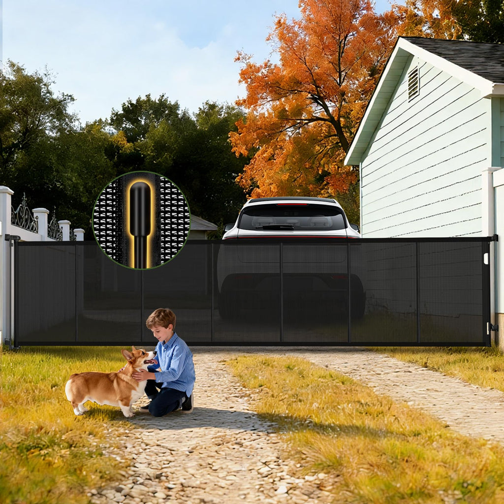 236" x 42" Tall Extra-Wide Retractable Indoor Mesh Pet & Child Safety Gate with One-Hand Safety Lock for Wide Openings, Patios & Stairways