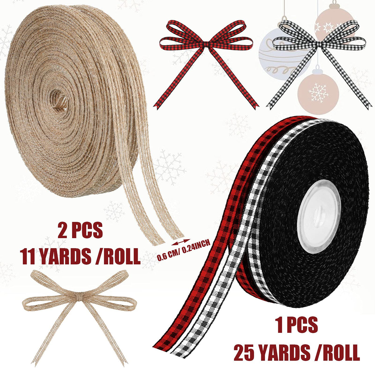 4 Rolls Christmas Buffalo Plaid Ribbons Craft, 0.24 Inch, Retro
