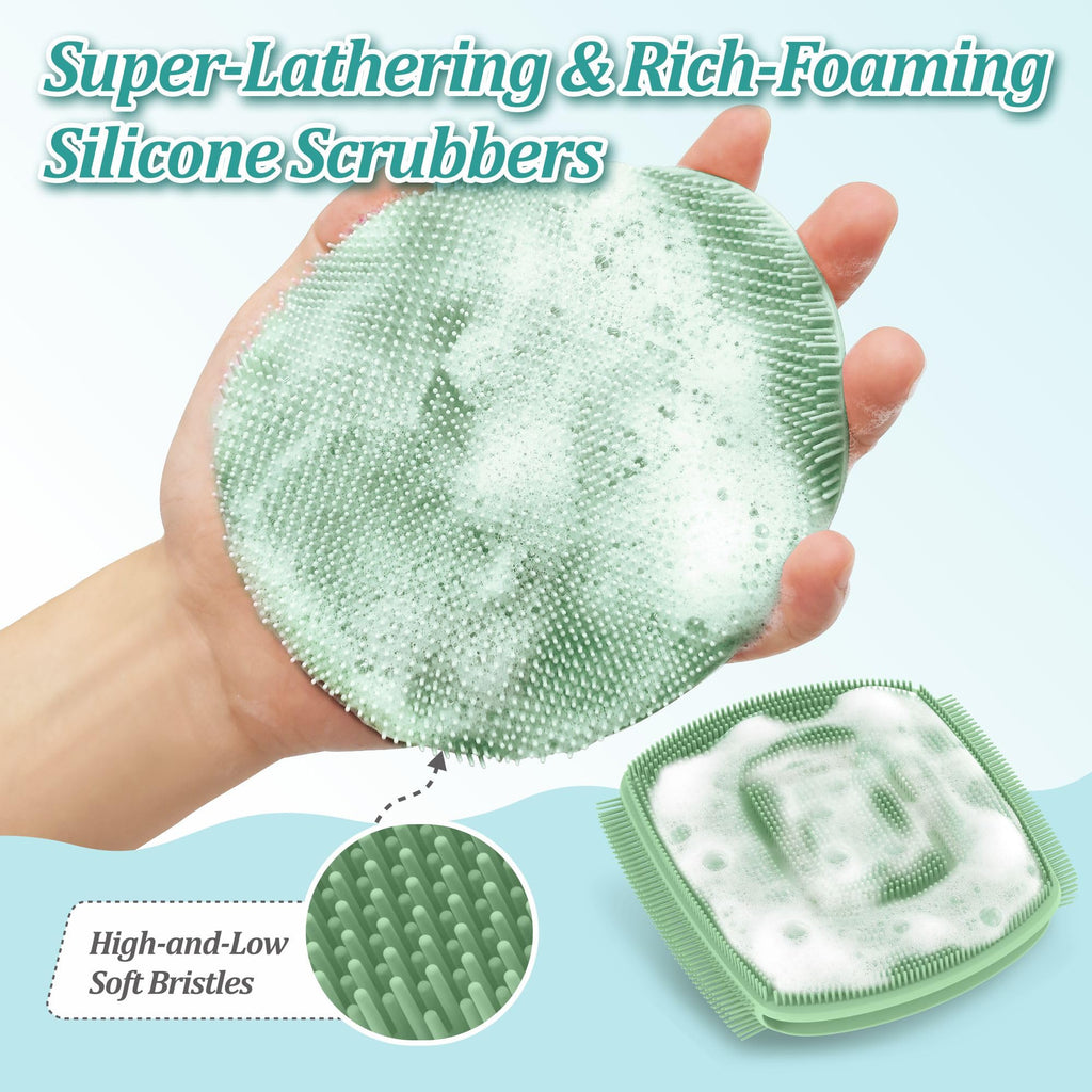 Silicone Bath Glove & Face Scrubber Set 2PCS, 360° Anti-Slip & Hand-fit Body Scrubber for Rich Foaming Deep Cleaning