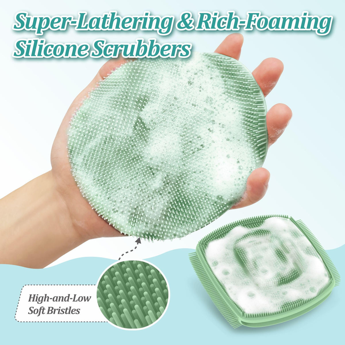 Silicone Bath Glove & Face Scrubber Set 2PCS, 360° Anti-Slip & Hand-fit Body Scrubber for Rich Foaming Deep Cleaning