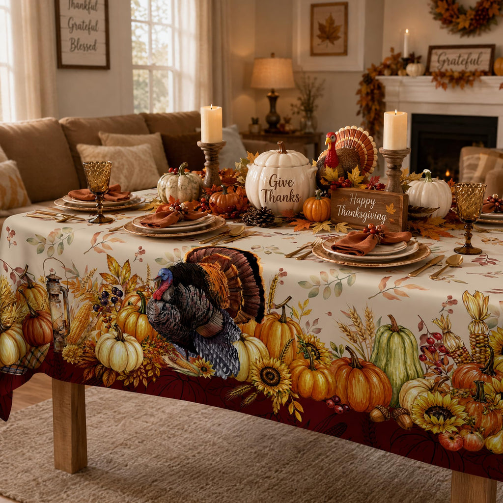 Thanksgiving Tablecloth 60x84 Inch, Vintage Turkey Pumpkin Sunflower Rectangular Table Cover, Fall Harvest Border