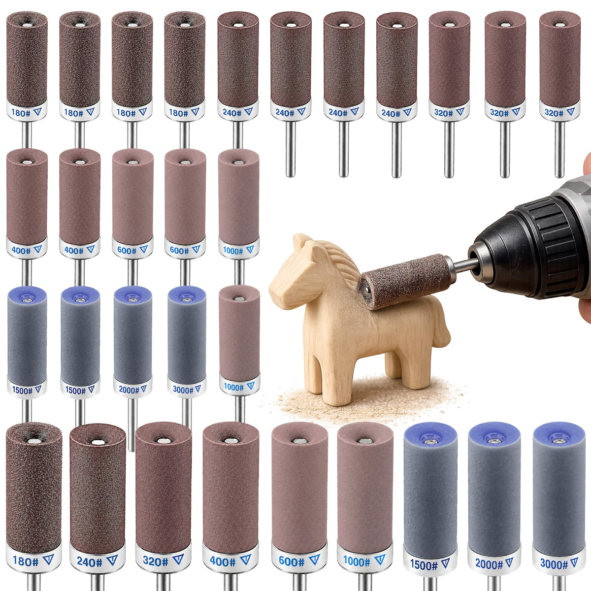 30Pcs Sanding Drums for Dremel Rotary Tool with 1/8" Shank, Sanding Sticks for Plastic Wood Metal Grinding Polishing, 180/240/320/400/600/1000/1500/2000/3000 Grits