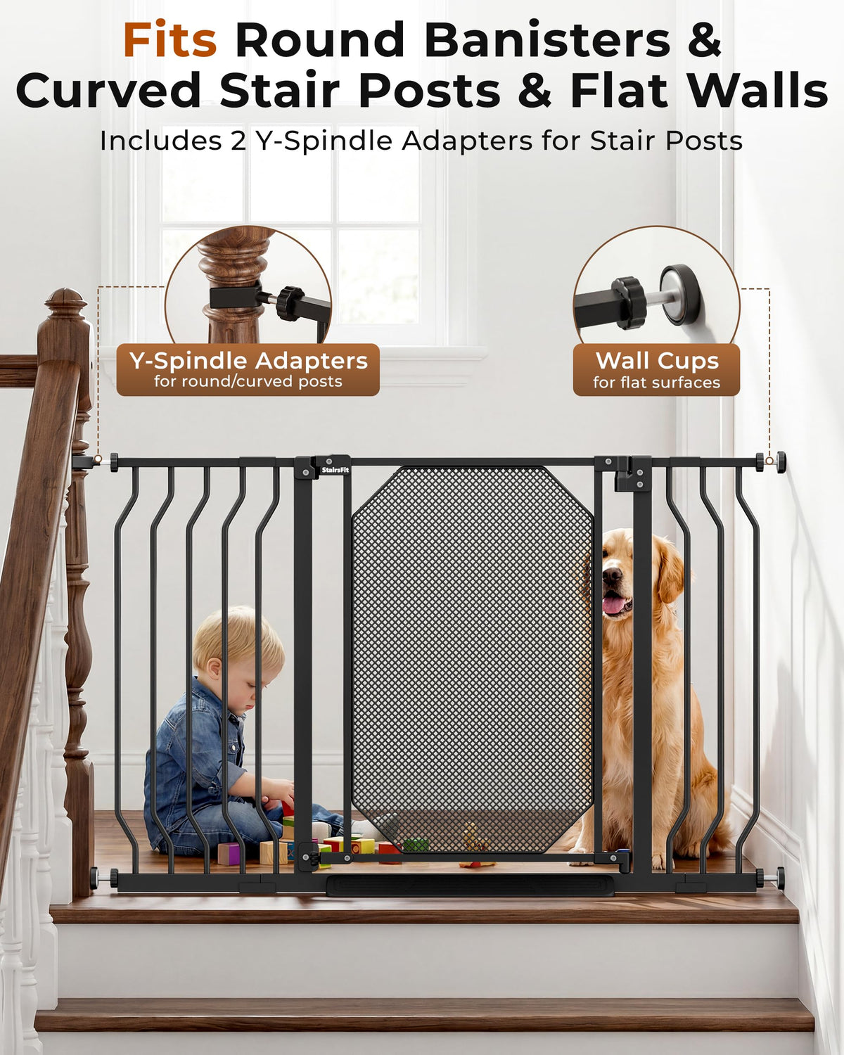 30-62.5" Extra-Wide Adjustable Hardware/Pressure-Mounted Pet & Child Safety Gate with Auto-Close Walk-Through Door for Stairs, Hallways & Wide Doorways — Black