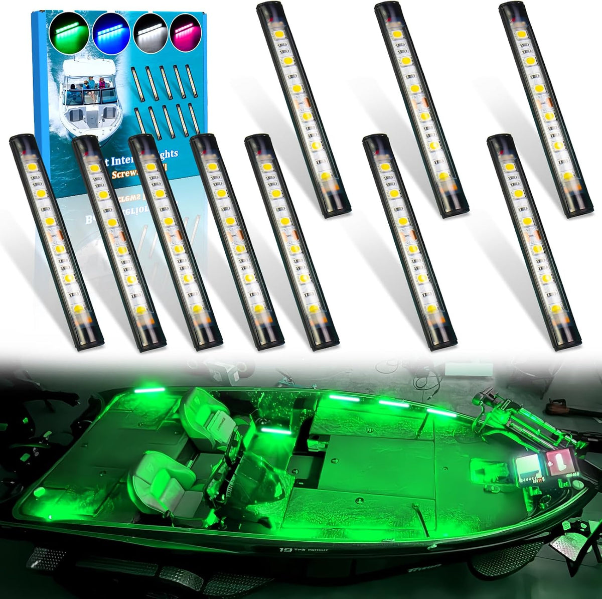 Upgraded Boat Interior Lights, No Drill Install Marine LED Lights with Adhesive & IP67 Waterproof, Boat Deck/Cockpit Lighting for Night Fishing Safety, Green
