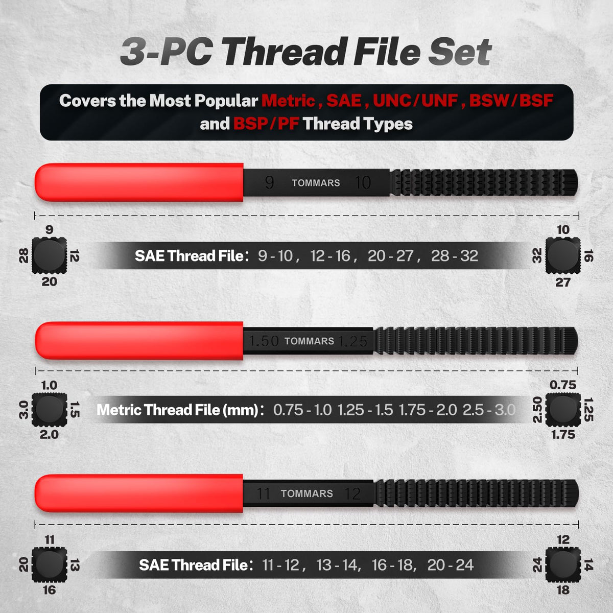 TOMMARS 3-Piece SAE and Metric Thread File Set for External Threads