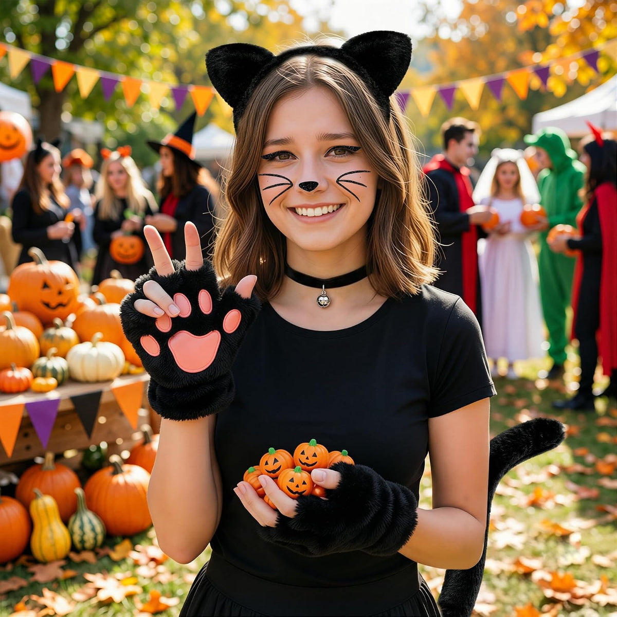 Black Cat Costumes, Cat Ears Headband Tail Paws Gloves Collar Set