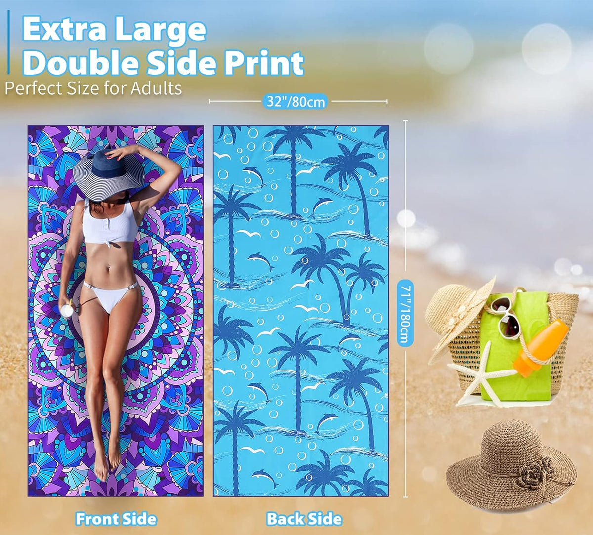 Microfiber Beach Towel Extra Large 71x32 inches Boho Mandala Print | Thin Lightweight, Sand Free Super Absorbent