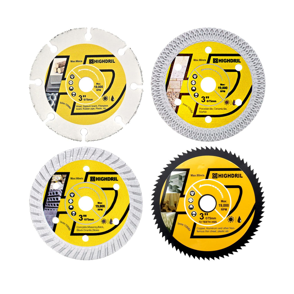 HIGHDRIL 4pcs 3" Circular Saw Blade Set for Metal Tile Marble Plastic Wood