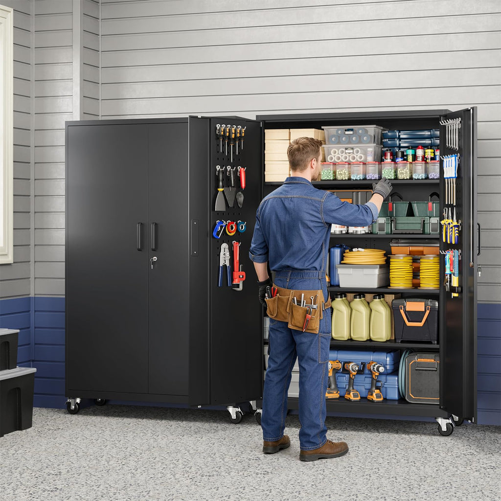 Metal Garage Storage Cabinet with Locking Doors and Adjustable Shelves,- 71" Rolling Steel Tool Cabinet for Home