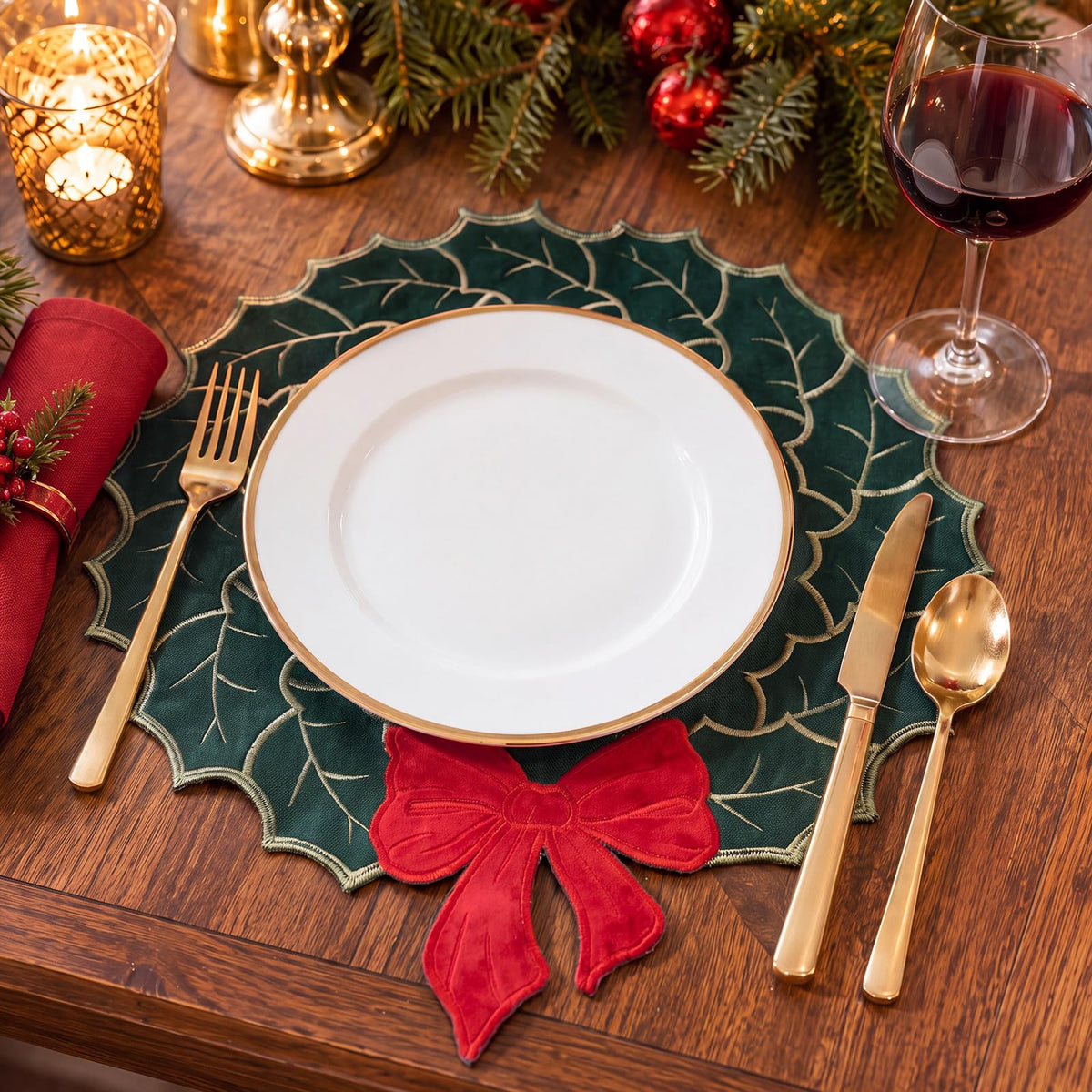 6 Pcs Christmas Placemats Linen Holly Leaf Table Mats with Red Bow