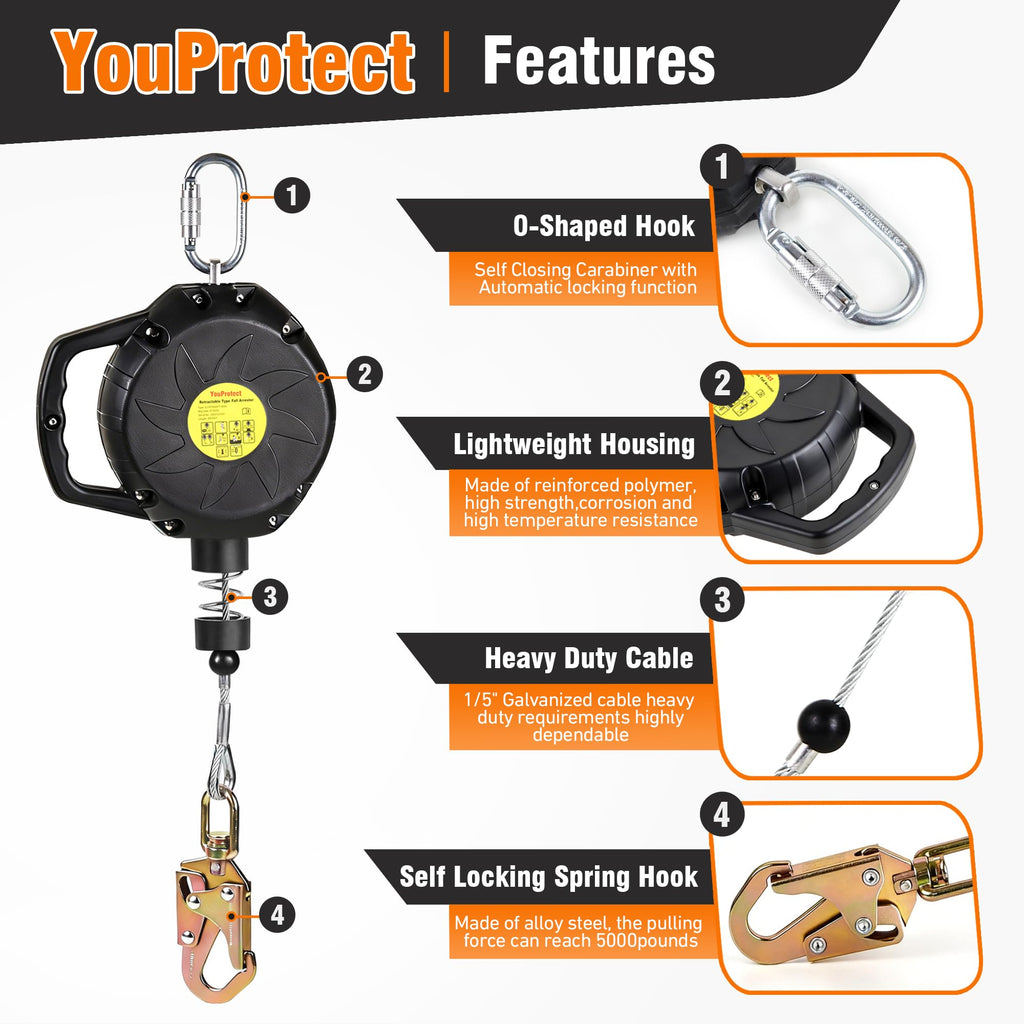 Self Retracting Lifeline 50FT Fall Protection Retractable Lanyard