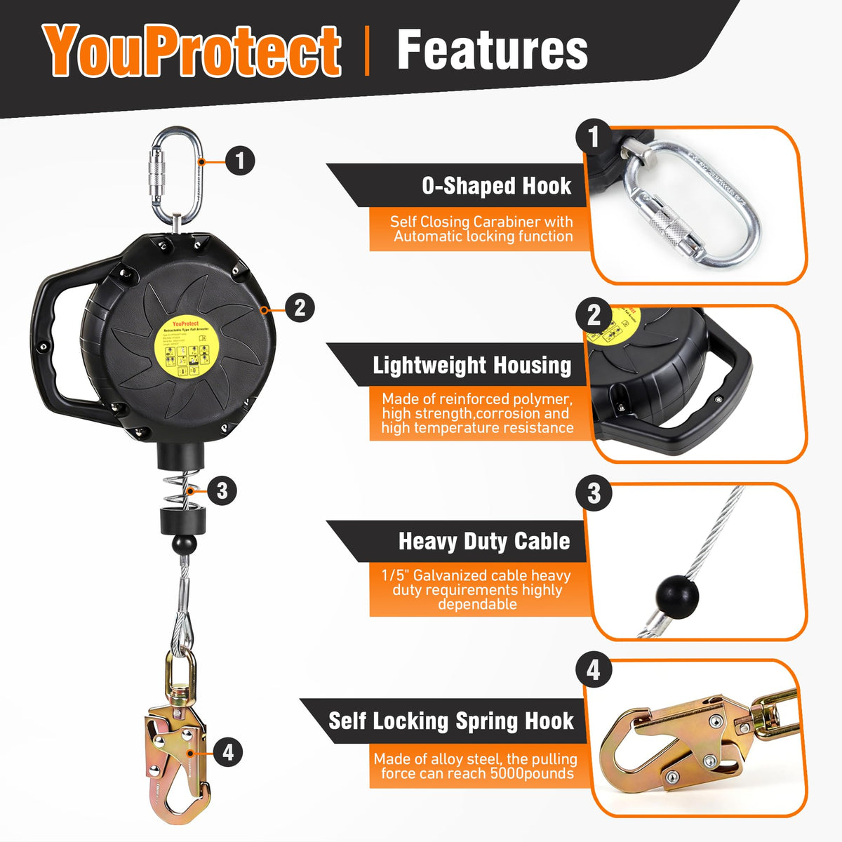 Self Retracting Lifeline 50FT Fall Protection Retractable Lanyard