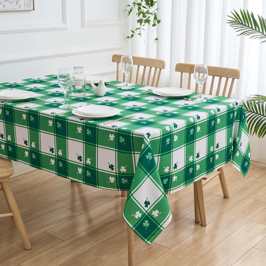 St Patricks Day Tablecloth Rectangle Shamrock Green and White Plaid Table Cloth - 60 x 84 Oblong Polyester Irish