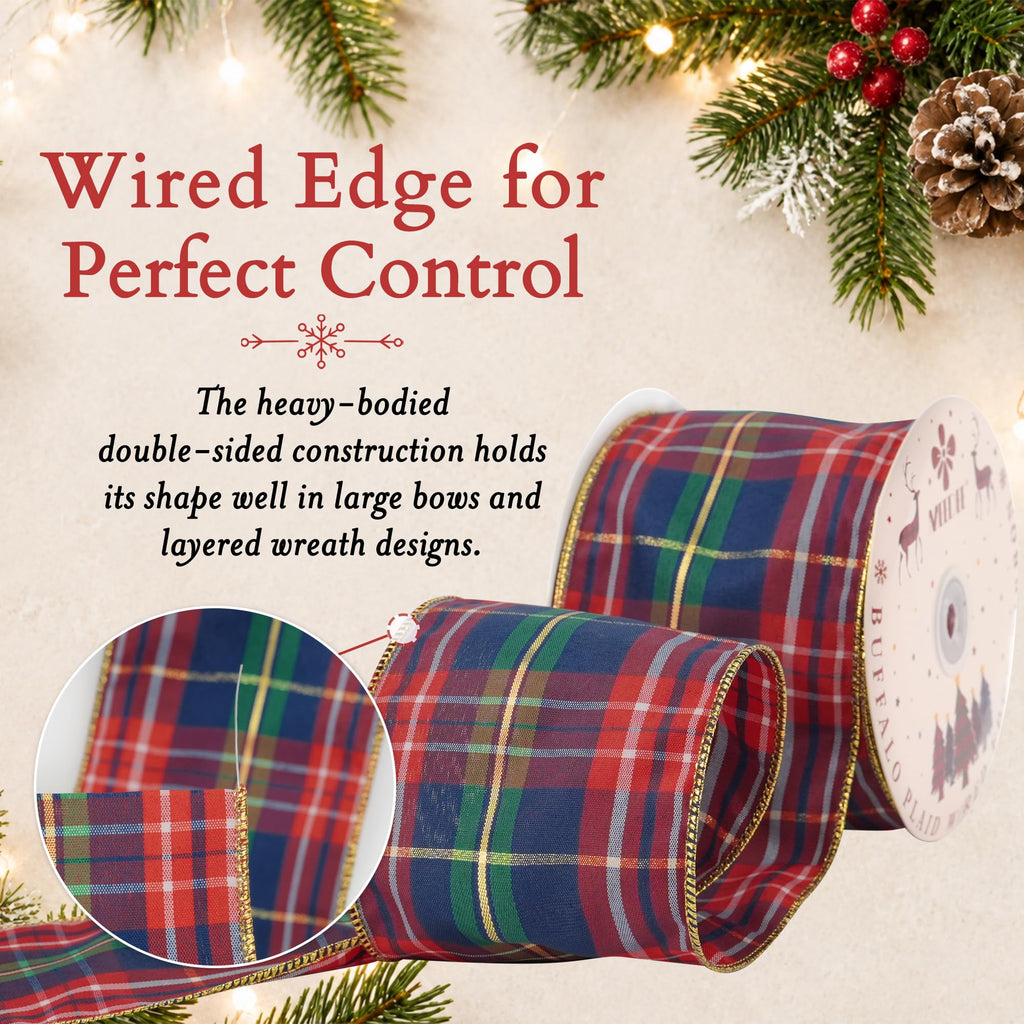Christmas Crimson & Navy Blue Metallic Plaid Wired Ribbon 4" x 25 Yards