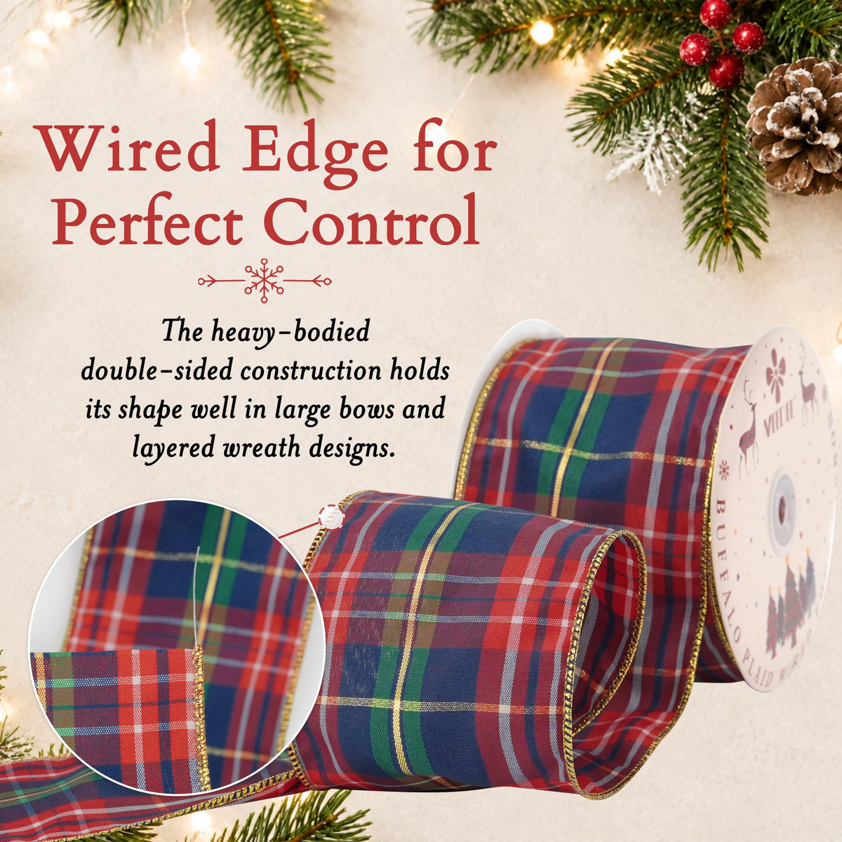 Christmas Crimson & Navy Blue Metallic Plaid Wired Ribbon 4" x 25 Yards