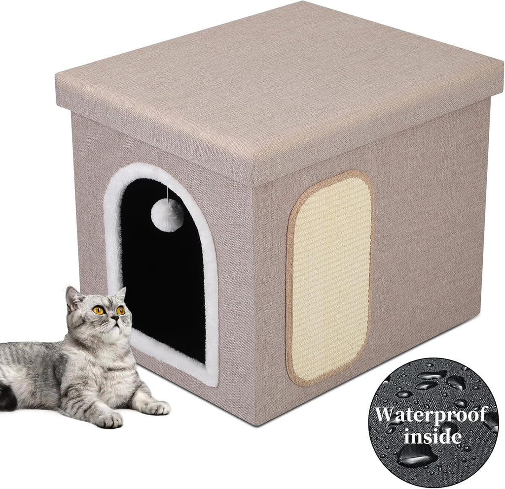 Hidden Cat Litter Box Enclosure with Scratch Pad & Storage Bag Beige