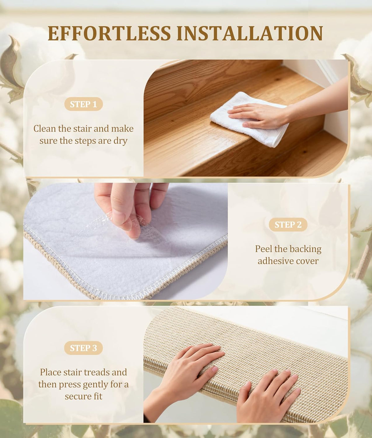 Bullnose Stair Treads for Wooden Steps: 14 Pack Bullnose Stair Carpet Treads Washable Non Slip Peel and Stick Carpet