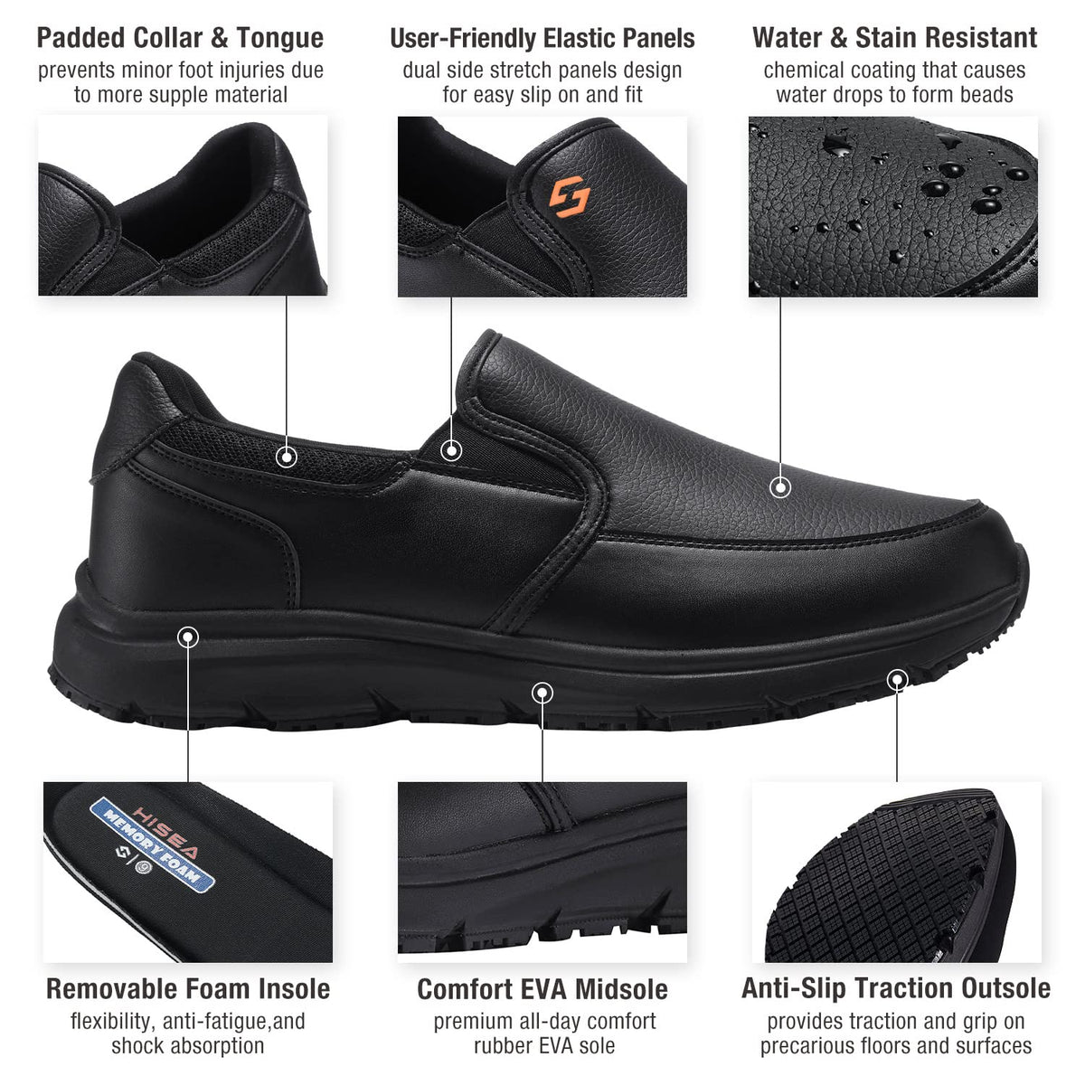 Men's Leather Non Slip Food Service Shoes, Water & Oil Resistant, Comfortable, Breathable, Lightweight Slip Resistant