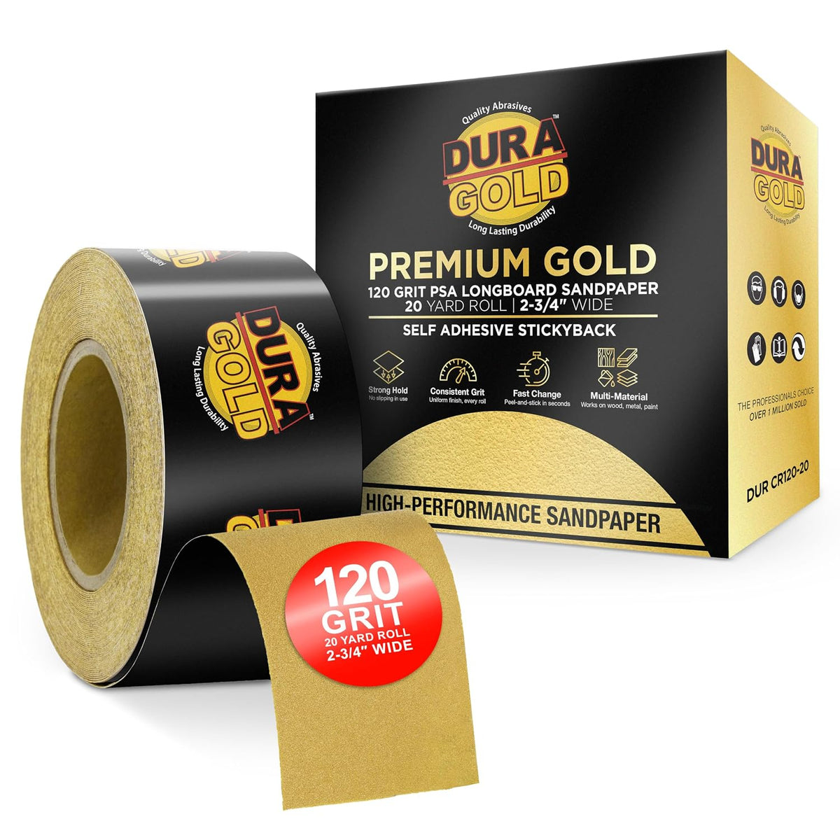 Dura-Gold Gold PSA Longboard Sandpaper, 120 Grit, 20 Yard Roll, 2-3/4" Wide