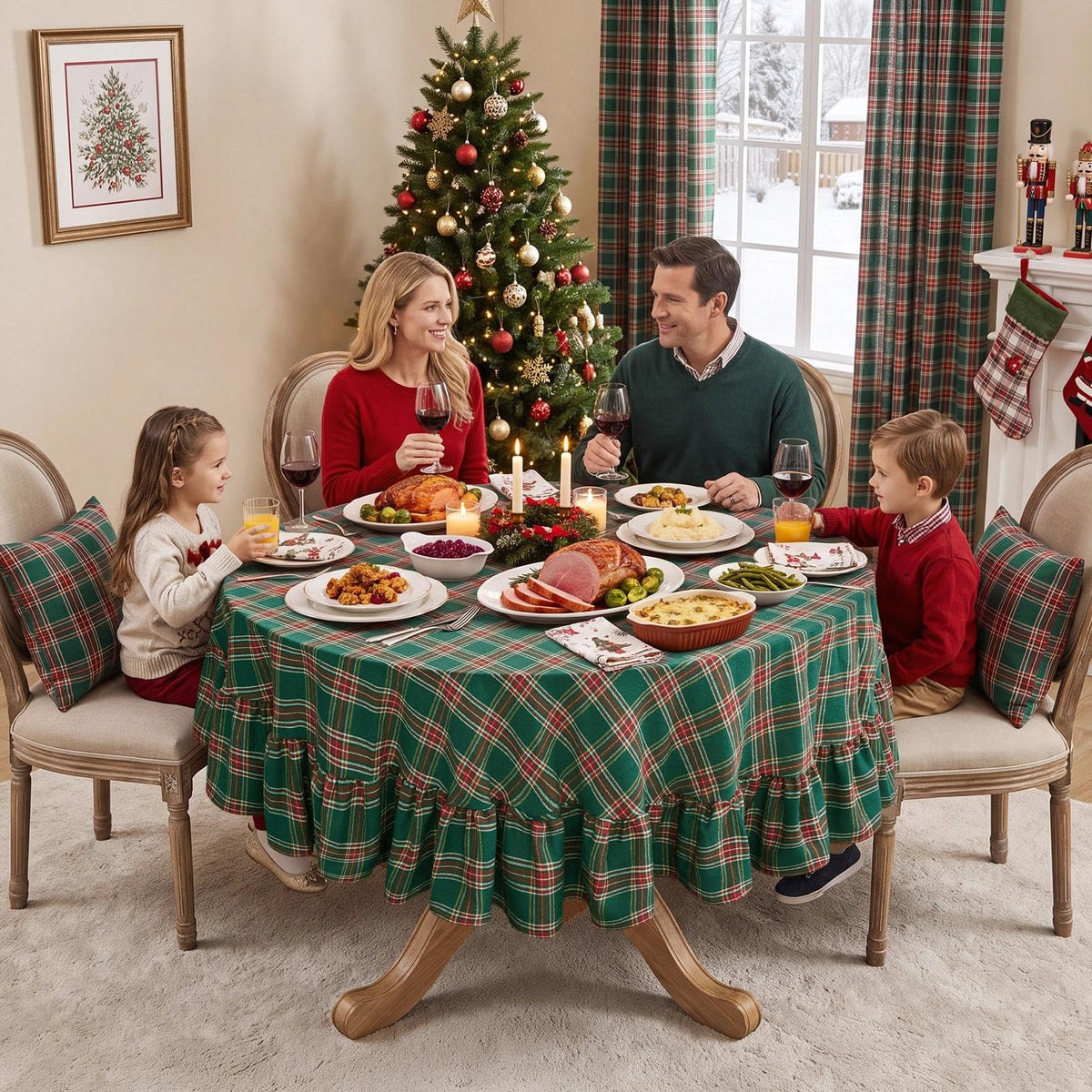 Christmas Ruffle Plaid Round Tablecloth, Green, 70" x 70"