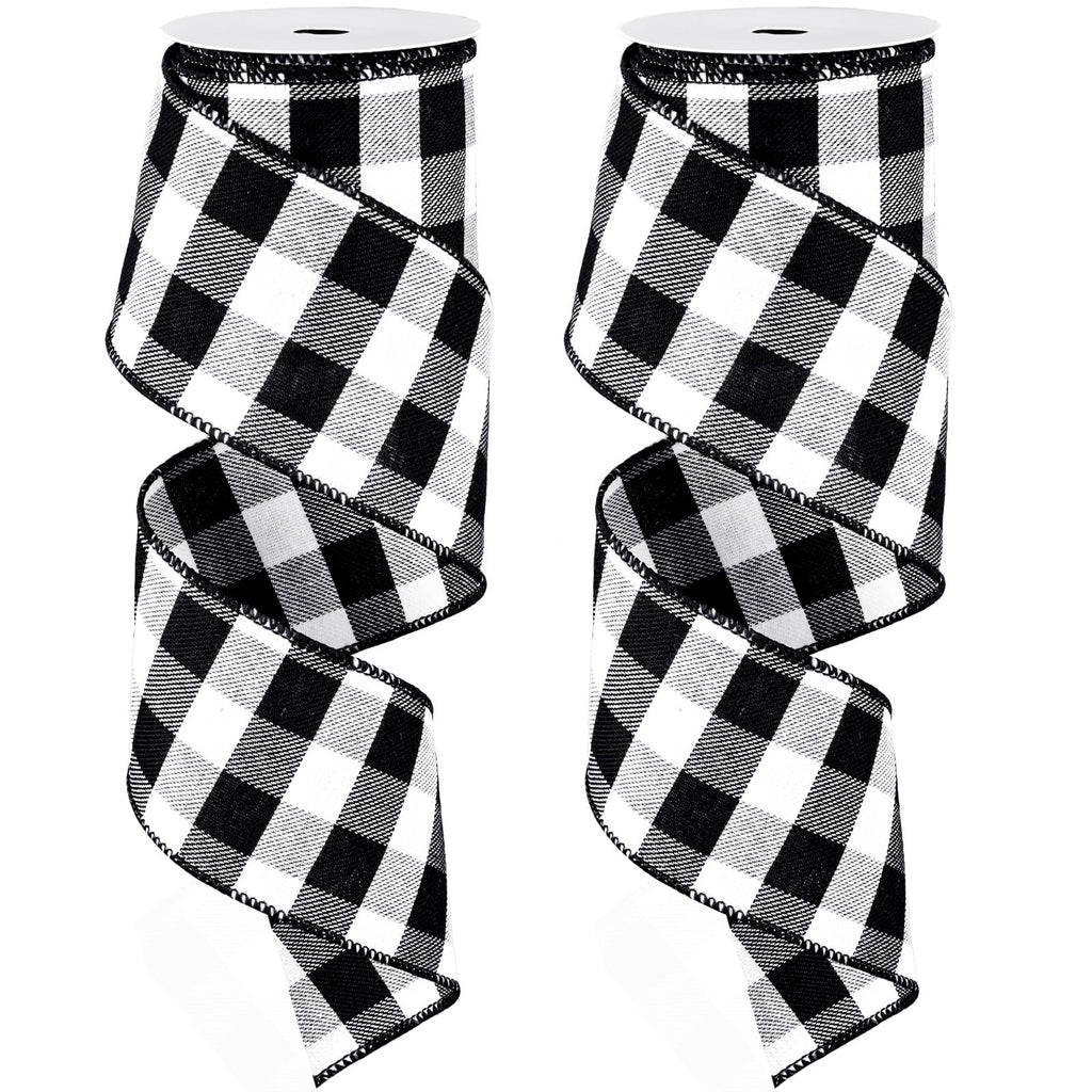 2 Rolls Wired Edge Plaid Ribbon Buffalo Check Ribbon White Black Plaid Ribbon 2.5" Wide Farmhouse Craft Ribbon for