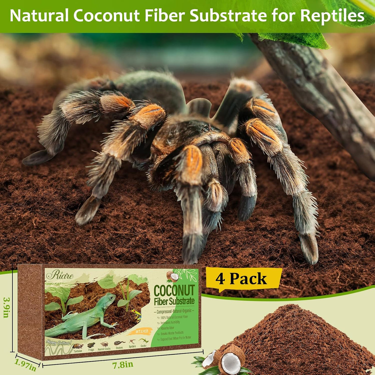 4 Pack Natural Coconut Fiber Substrate, Coco Coir Reptile Bedding