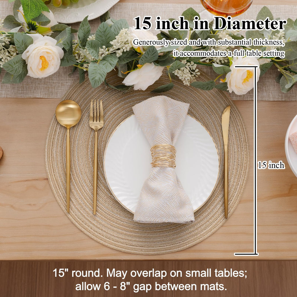 15 inch Round Placemats Set of 6, Cotton Polyester Woven Braided Place Mats, Washable Heat Resistant Circle Table