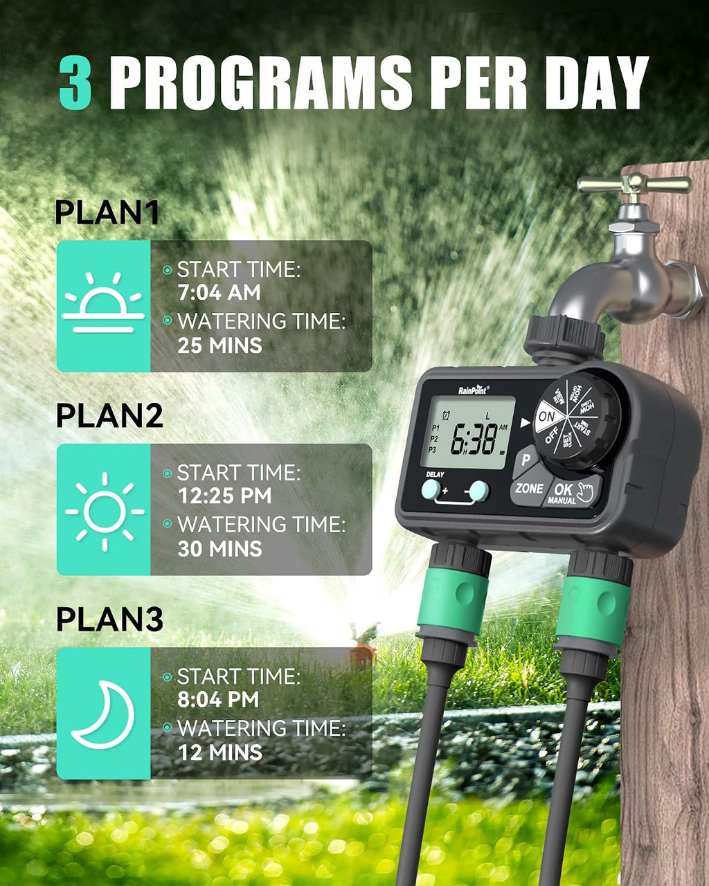 Sprinkler Timer with 3 Different Programs, Hose Timer for Garden Hose with Rain Delay/Manual Watering/Automatic