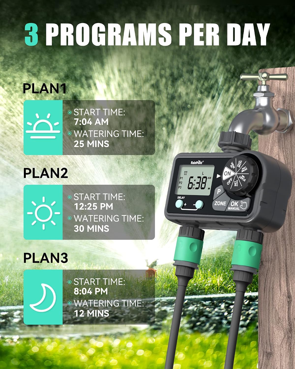 Sprinkler Timer with 3 Different Programs, Hose Timer for Garden Hose with Rain Delay/Manual Watering/Automatic