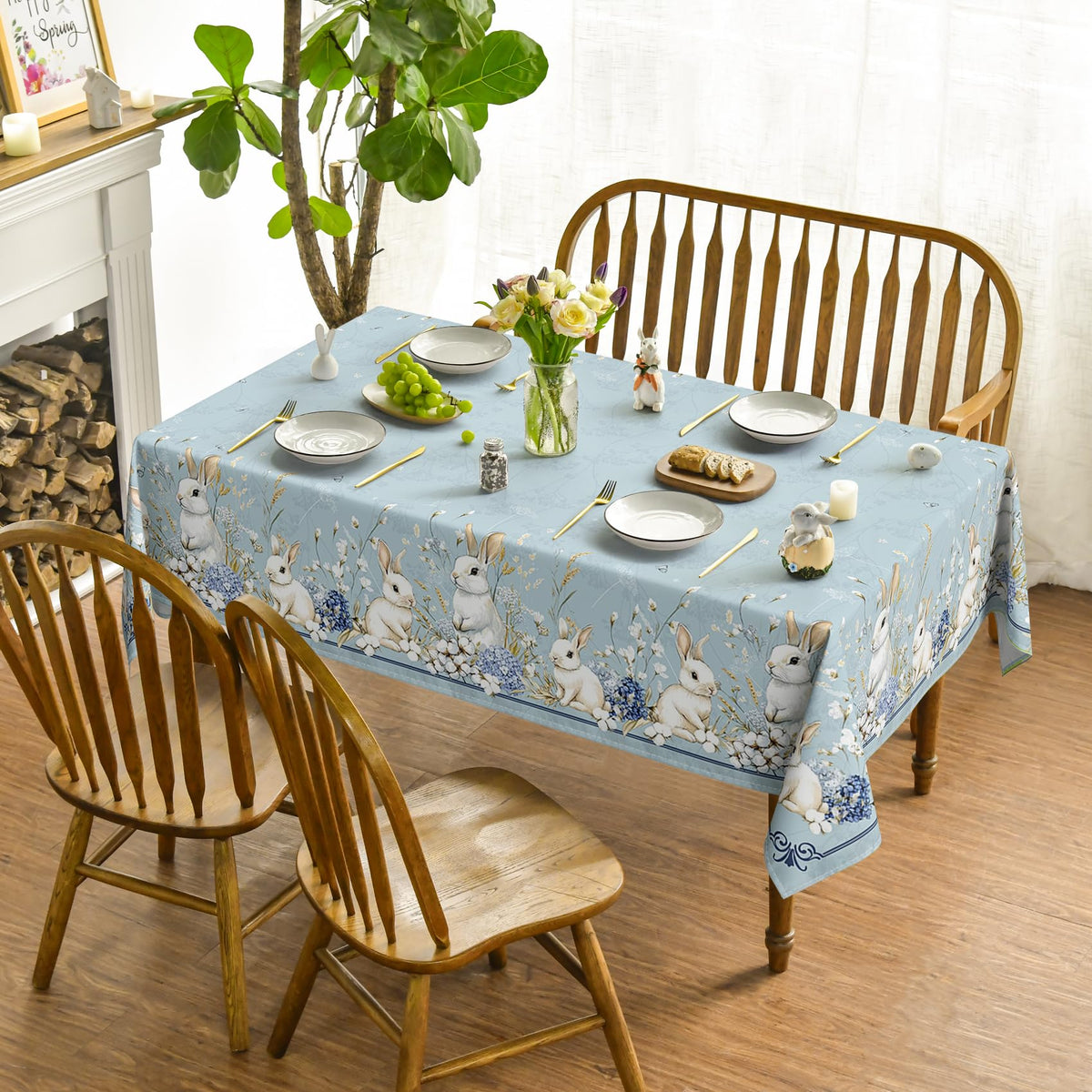 Easter Tablecloth 60 x 84 Inch Rectangular Blue Easter Bunny