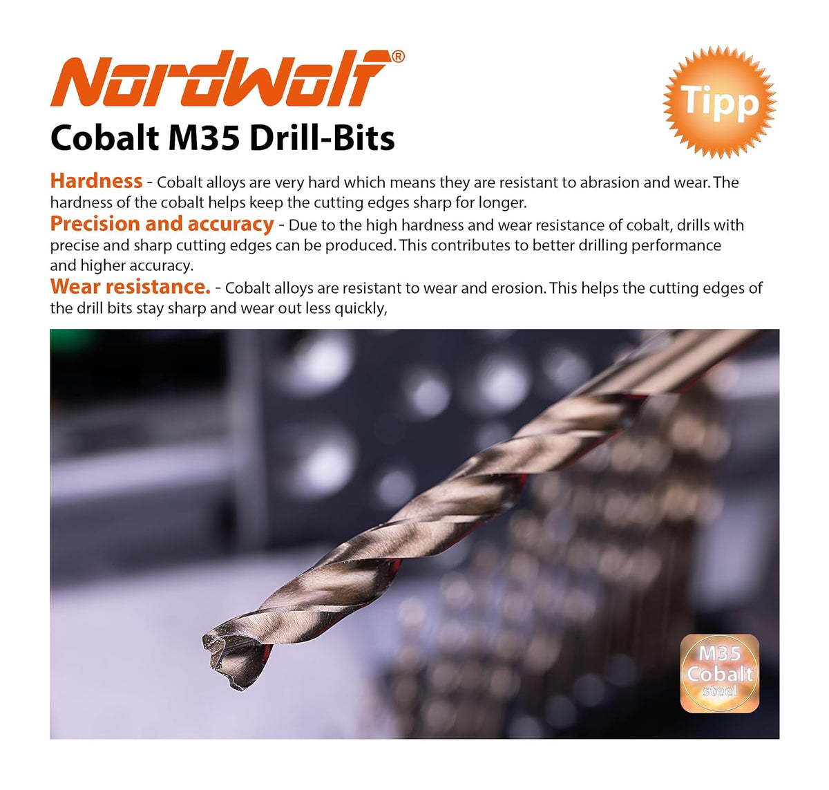 NordWolf 14-Piece M35 Cobalt Drill Bit Set for Stainless Steel, Hard Metals & Cast Iron, Jobber Length with 1/4" Hex Shank, Sizes 1/16" to 1/4"