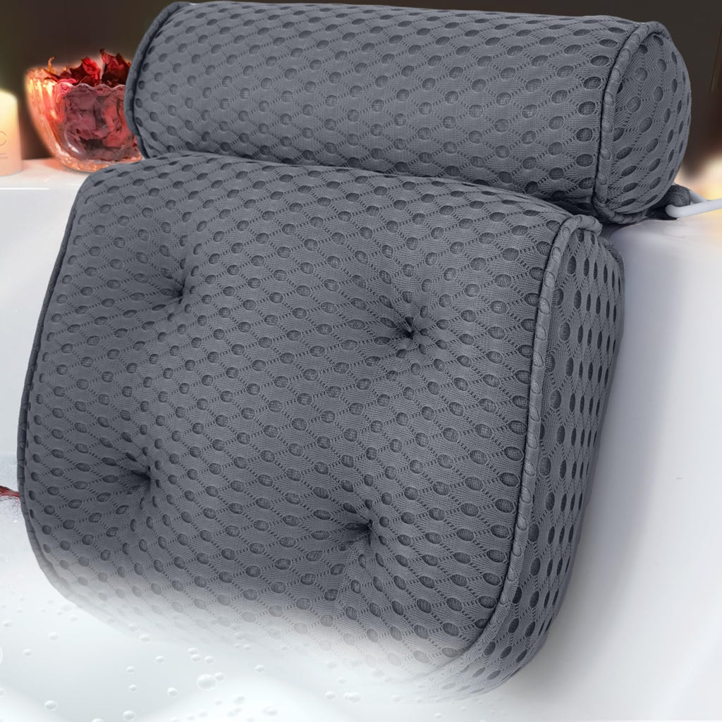 Luxury Bath Pillows for Tub Soft Mesh Strong 6 Suction Cups Gray