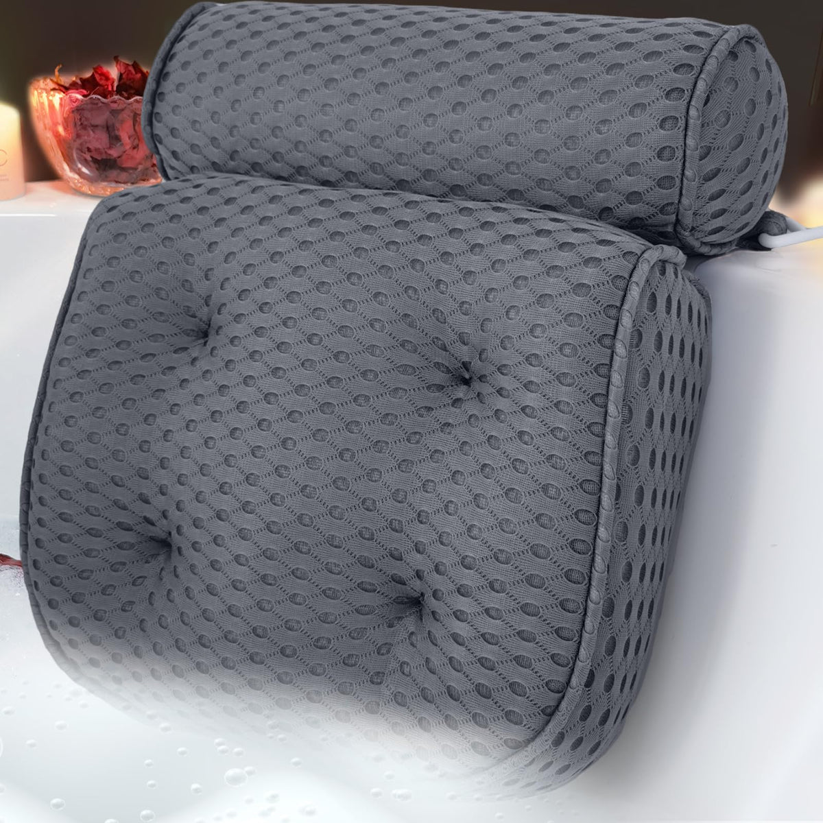 Luxury Bath Pillows for Tub Soft Mesh Strong 6 Suction Cups Gray