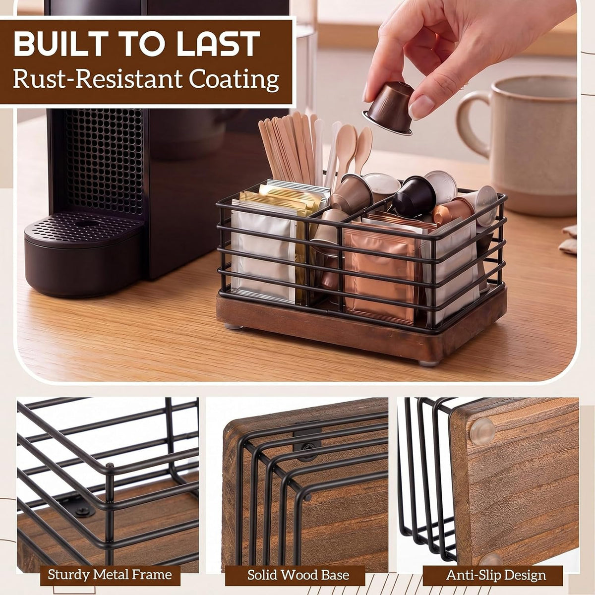 Sugar Packet Holder for Coffee Bar, 3 Slot, Wood Wire, Rustic Black