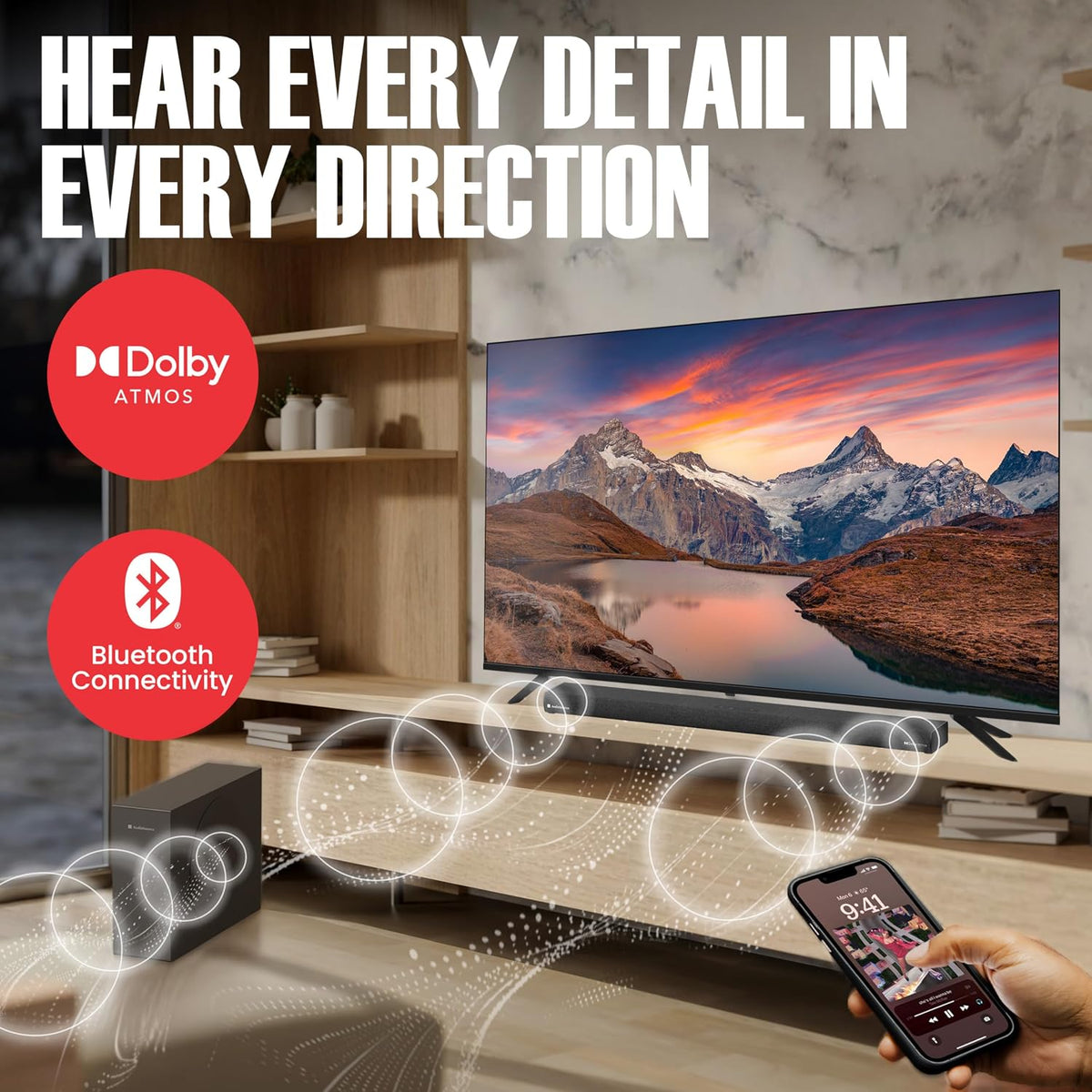 2.1 Soundbar, Wireless Subwoofer w/Dolby Atmos, 120W RMS & 240W Max Output, Compact Design, Bluetooth Streaming for