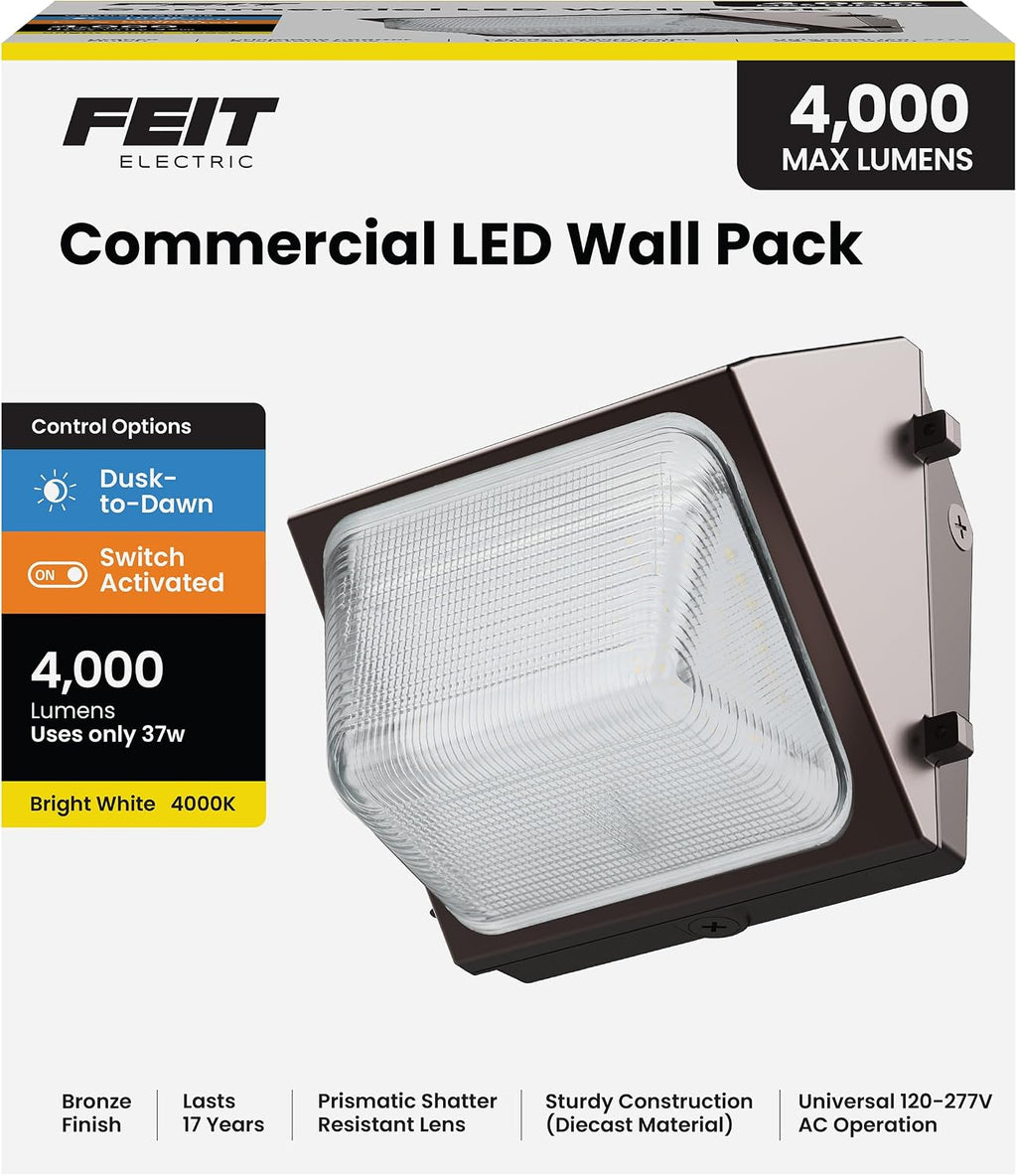Feit Electric Commercial LED Wall Pack Security Light, 4000 Lumens, Dusk-to-Dawn Photocell Sensor, Shatter-Resistant Lens, Hardwired Outdoor Flood Light, 50,000-Hour Lifetime, S8.8CWPK/840/BZ