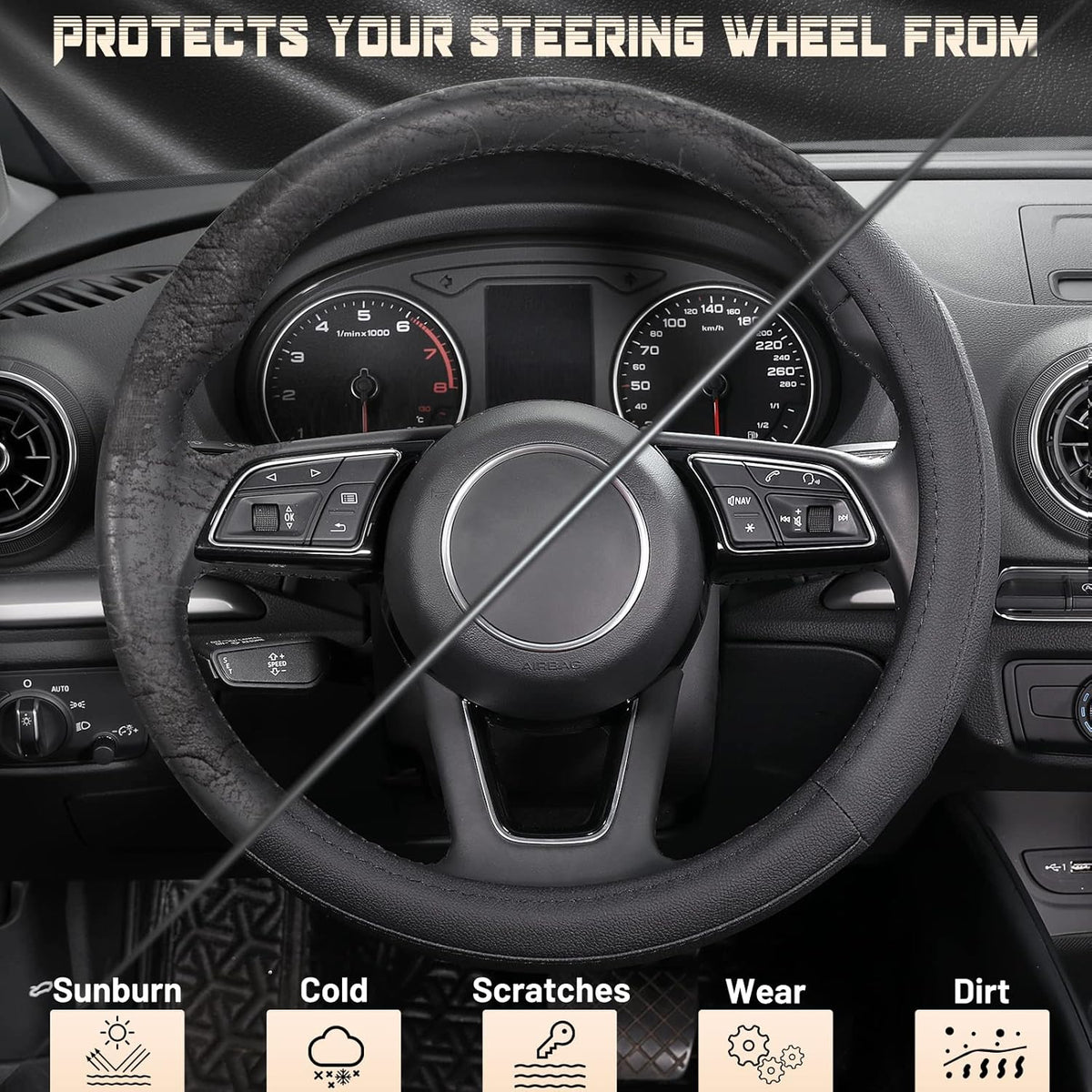 Car Steering Wheel Cover Universal Standard Size 14.5-15 inch, Black Microfiber Leather