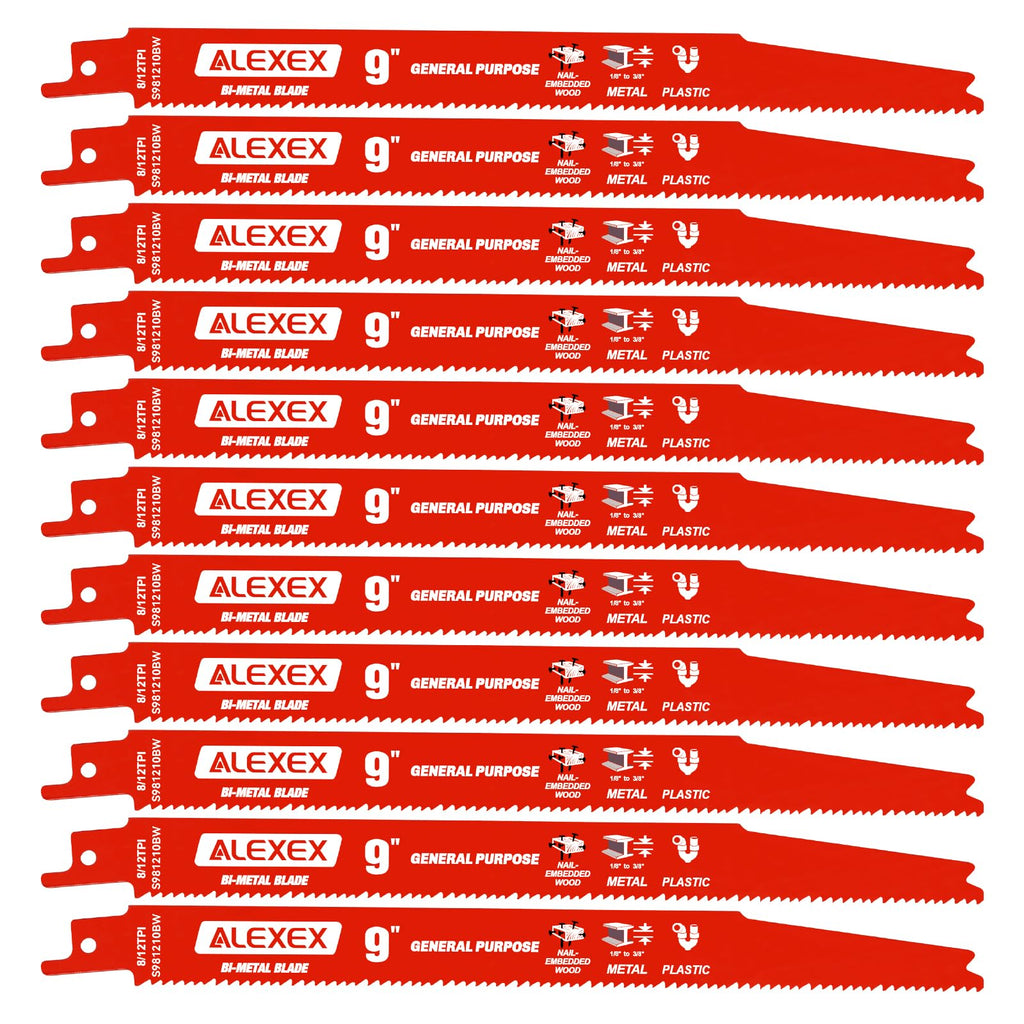 10 Pack 9Inch 8/12 TPI Reciprocating Saw Blades for Nail-Embedded Wood Demolition, Bi-Metal Blades for General Purpose Cuts, Wood Cutting, Metal and PVC Pallets, Compatible with Diablo Sawzall Blades