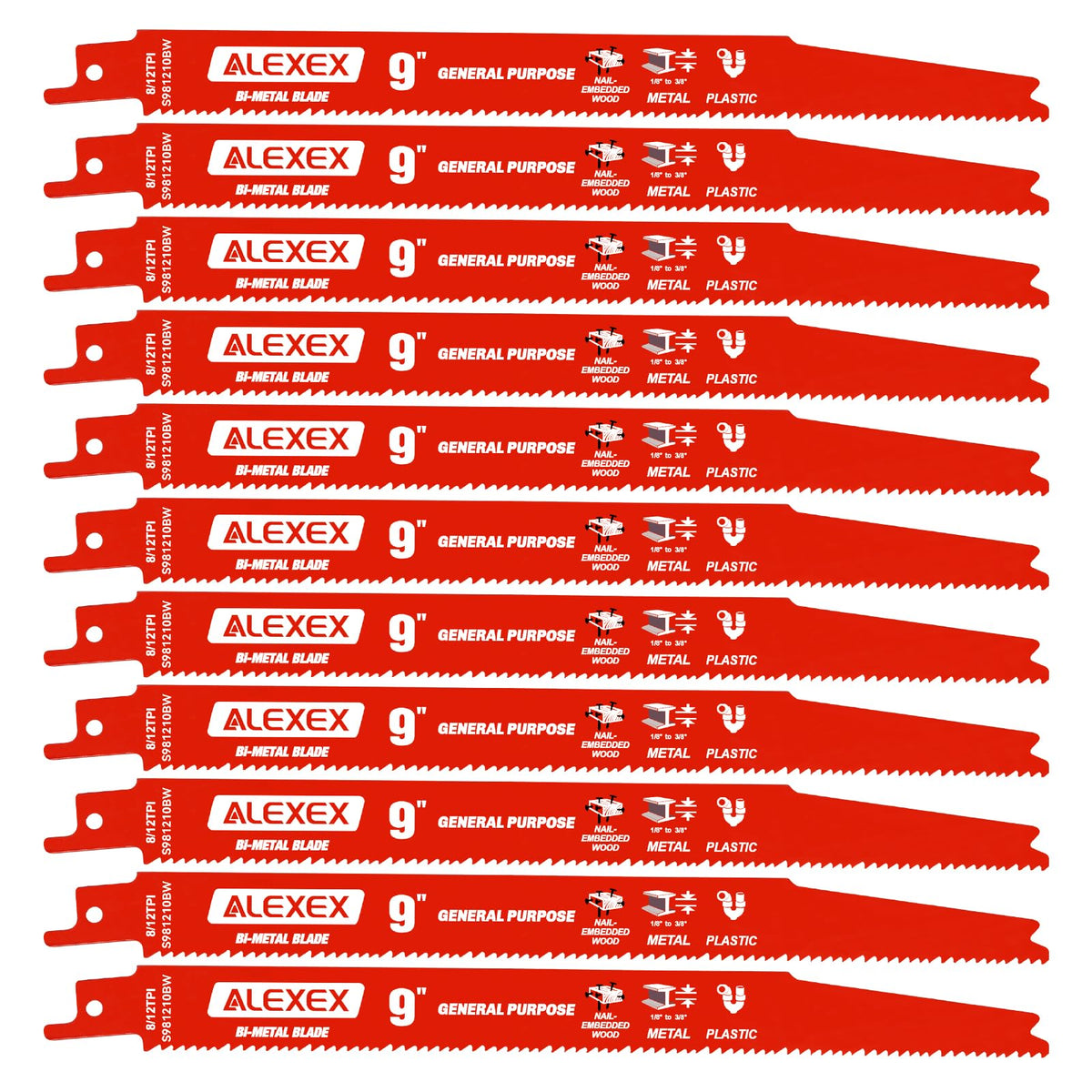 10 Pack 9Inch 8/12 TPI Reciprocating Saw Blades for Nail-Embedded Wood Demolition, Bi-Metal Blades for General Purpose Cuts, Wood Cutting, Metal and PVC Pallets, Compatible with Diablo Sawzall Blades