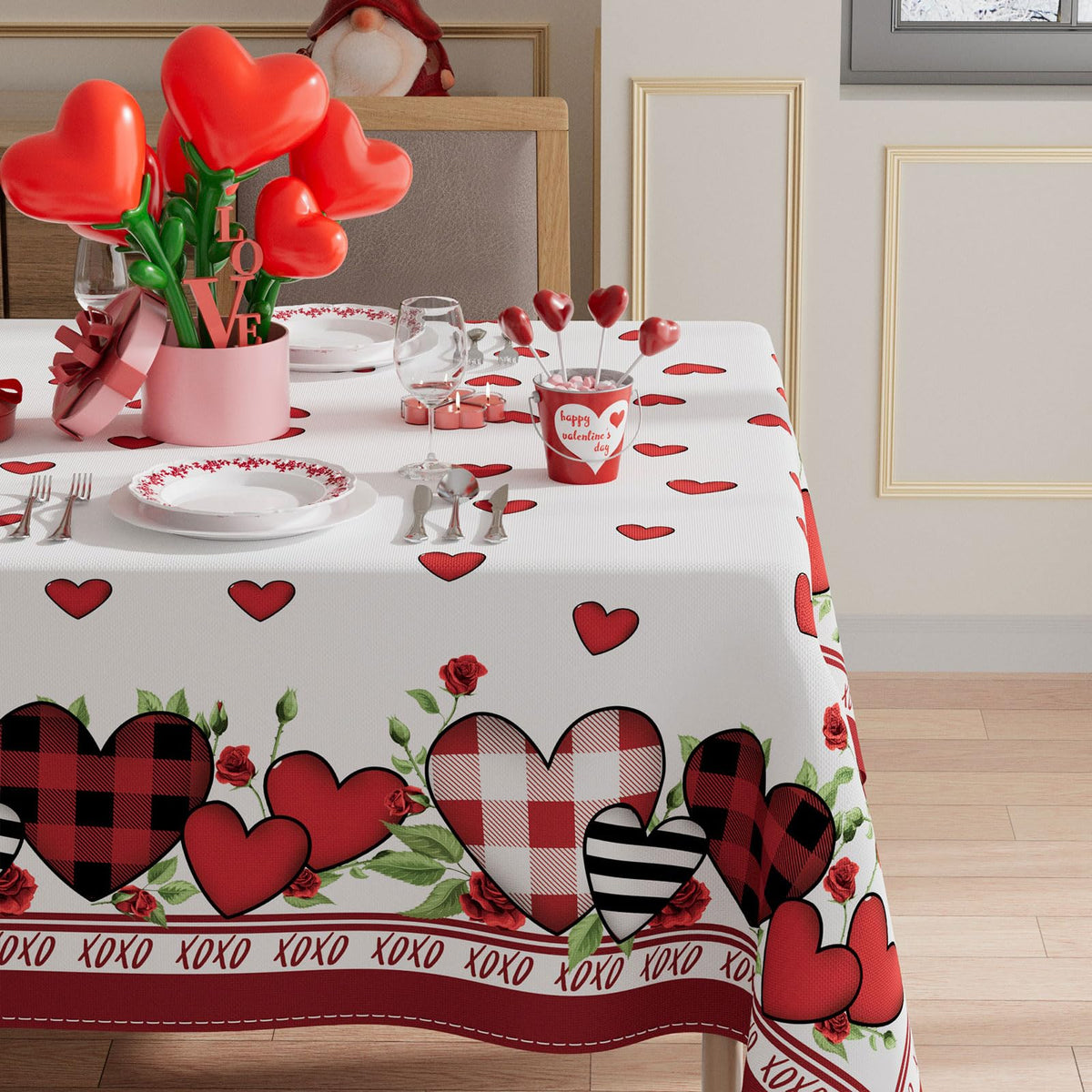 Plaid Love Hearts Valentine’s Day Tablecloth Rectangle Table Cloth Washable Table Covers for Indoor Outdoor Dining