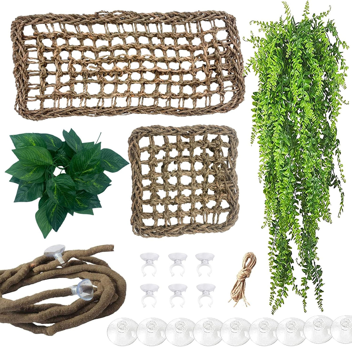 Bearded Dragon Tank Hammock,Natural Seagrass Reptile Lounger Hammocks Decor Flexible Leaves Jungle Climber Vines
