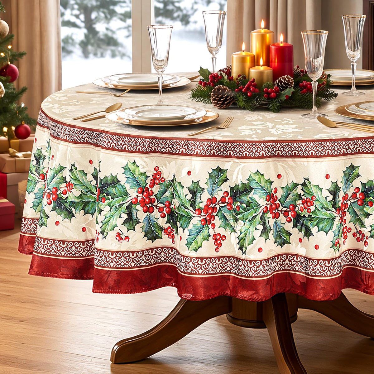 Christmas Jacquard Round Tablecloth, 70 Inch