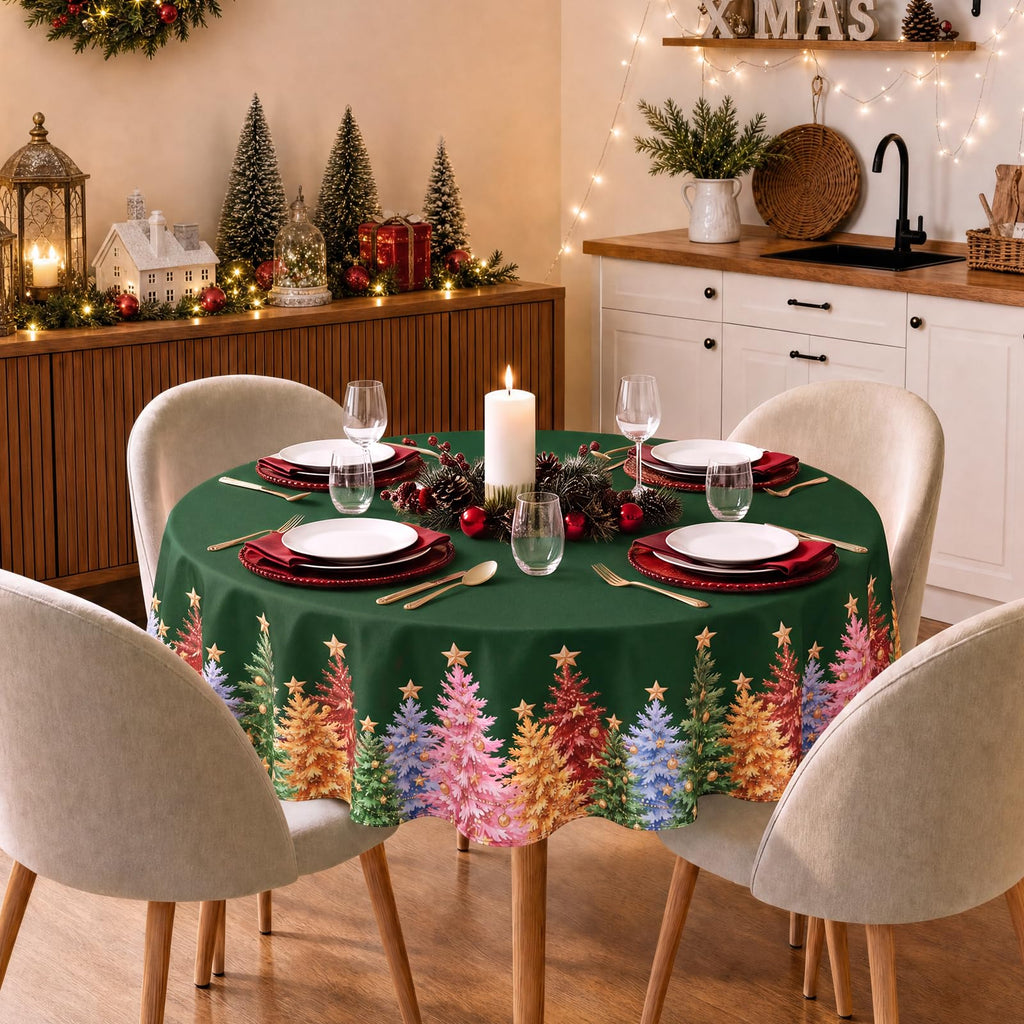Green Christmas Round Tablecloth Xmas Tree Holiday Decor, 70 Inch