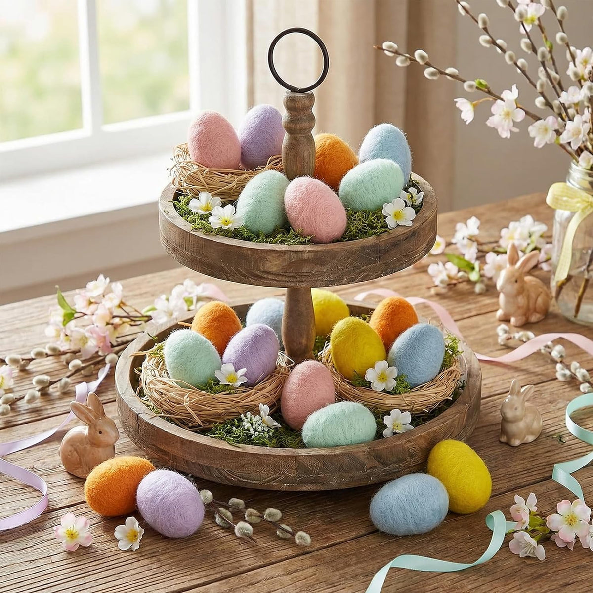 12 Pcs Felted Easter Eggs Decor Pastel Eggs Colorful Easter Decorations 2.36 Inch Colorful Hanging Ornaments for