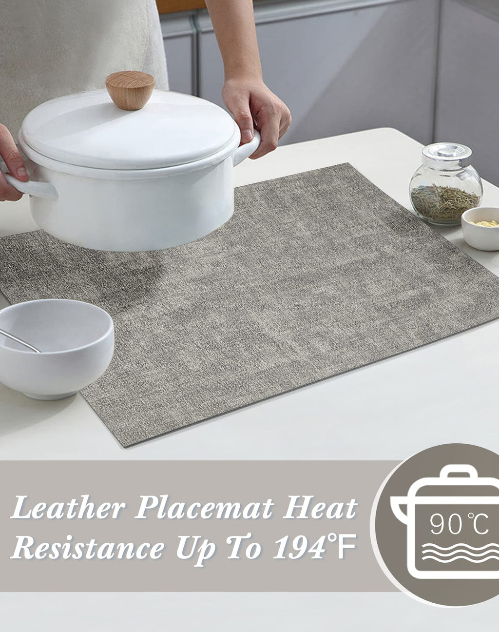 Leather Placemats Table Mats Set of 6, Light Grey & Smoky Grey