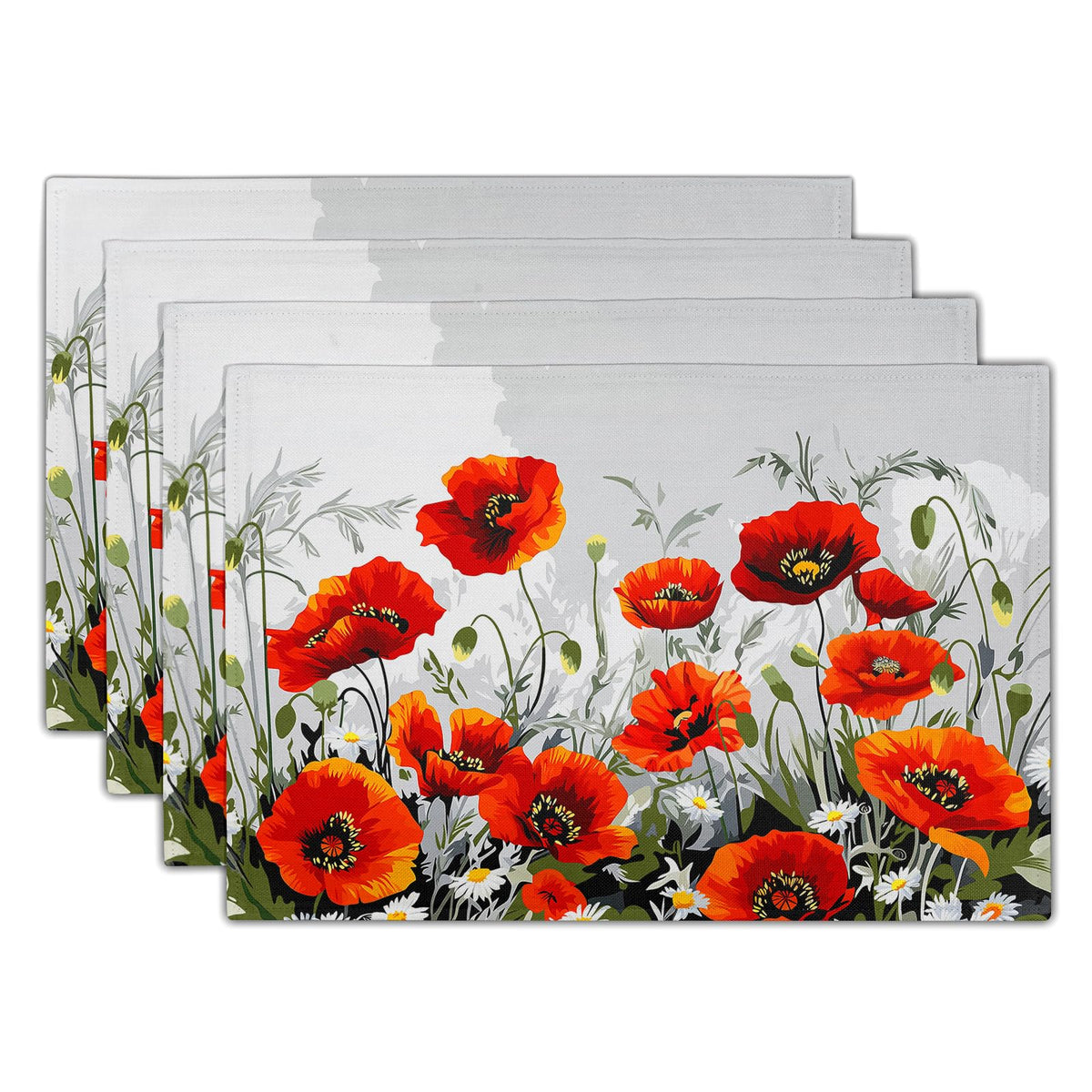 Poppy Flowers Placemats Set of 4, 12"x18" Rustic Red Orange Floral Linen Place Mat, Spring Summer Washable Non-Slip