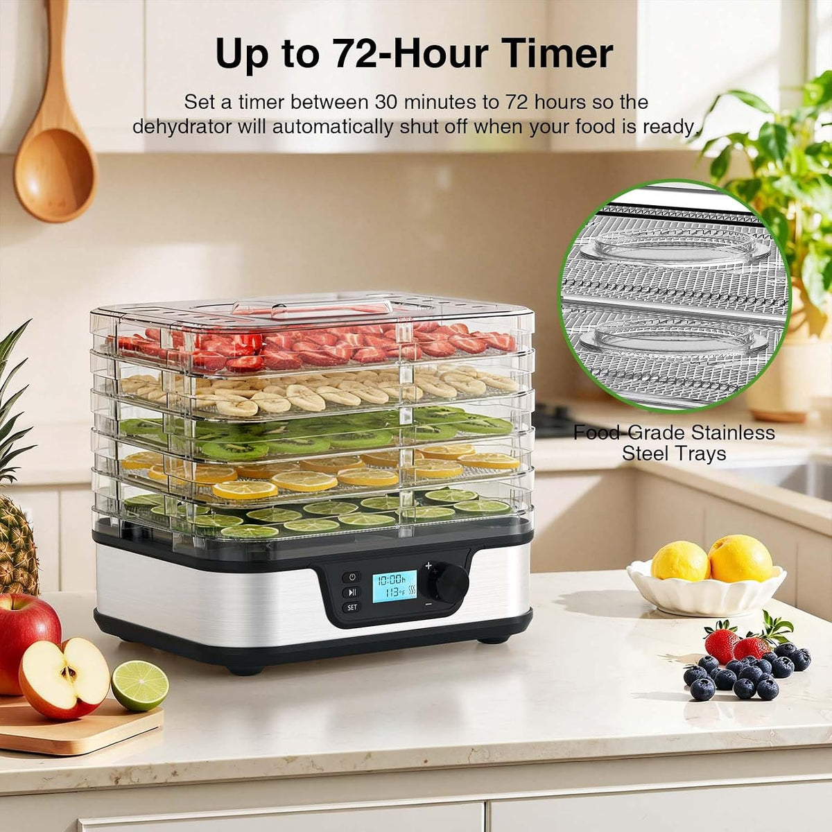 5-Tray Food Dehydrator with 72H Timer, Adjustable Temperature | Metallic Silver, BPA-Free Trays, 350W