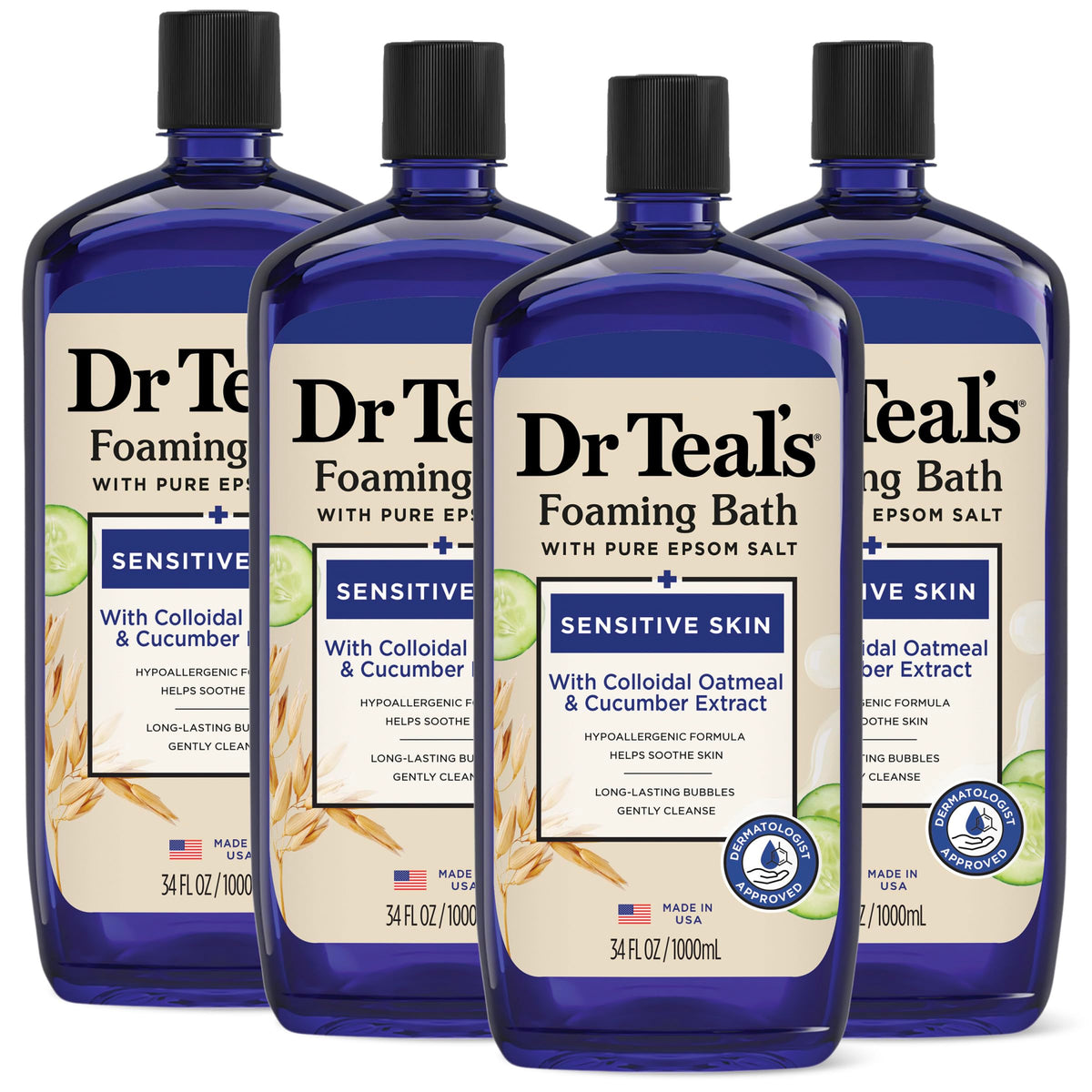 Foaming Bath with Pure Epsom Salt, Sensitive Skin with Colloidal Oatmeal & Cucumber, 34 fl oz (Pack of 4)