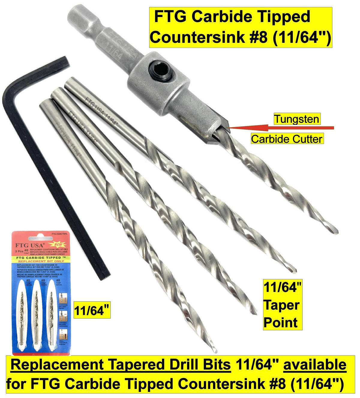 FTG USA 3 Pk #8 (11/64") HSS M2 Tapered Replacement Bits for TCT Countersink