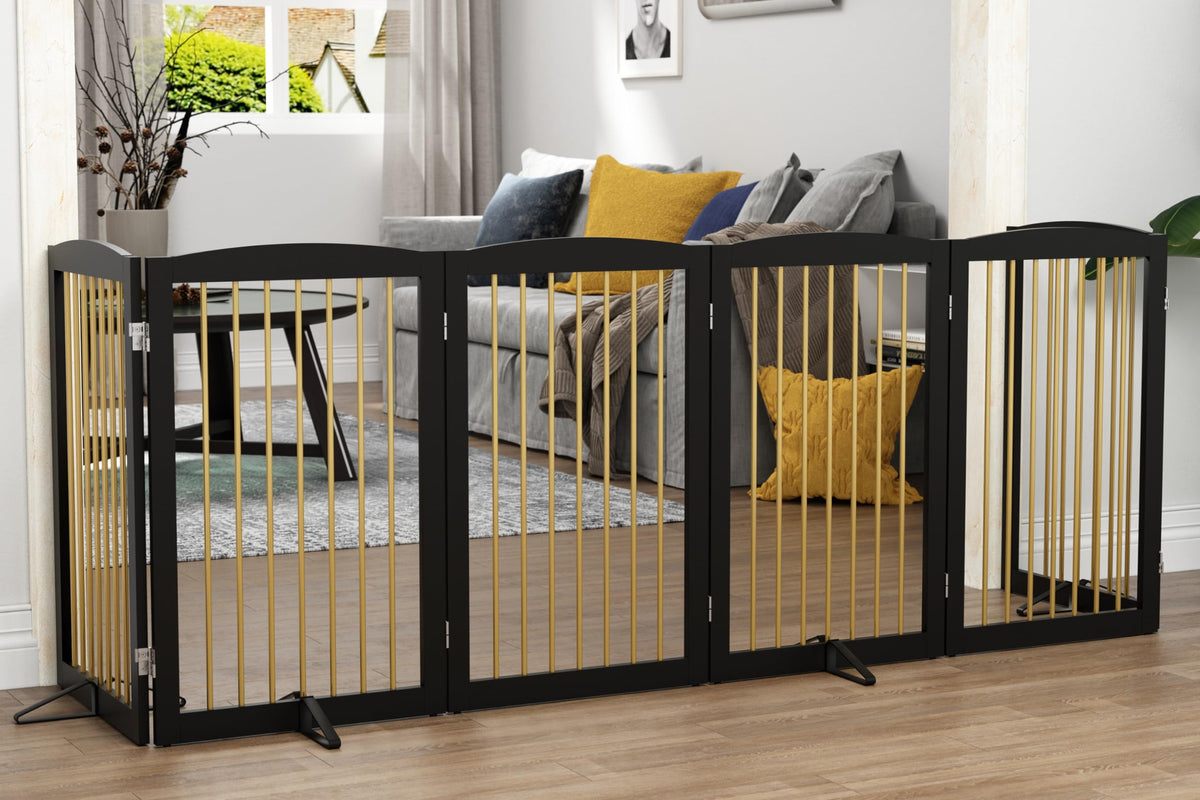 Freestanding Solid Wood Folding Pet & Dog Barrier Gate with Support Feet for Wide Indoor Openings, Hallways & Stairs